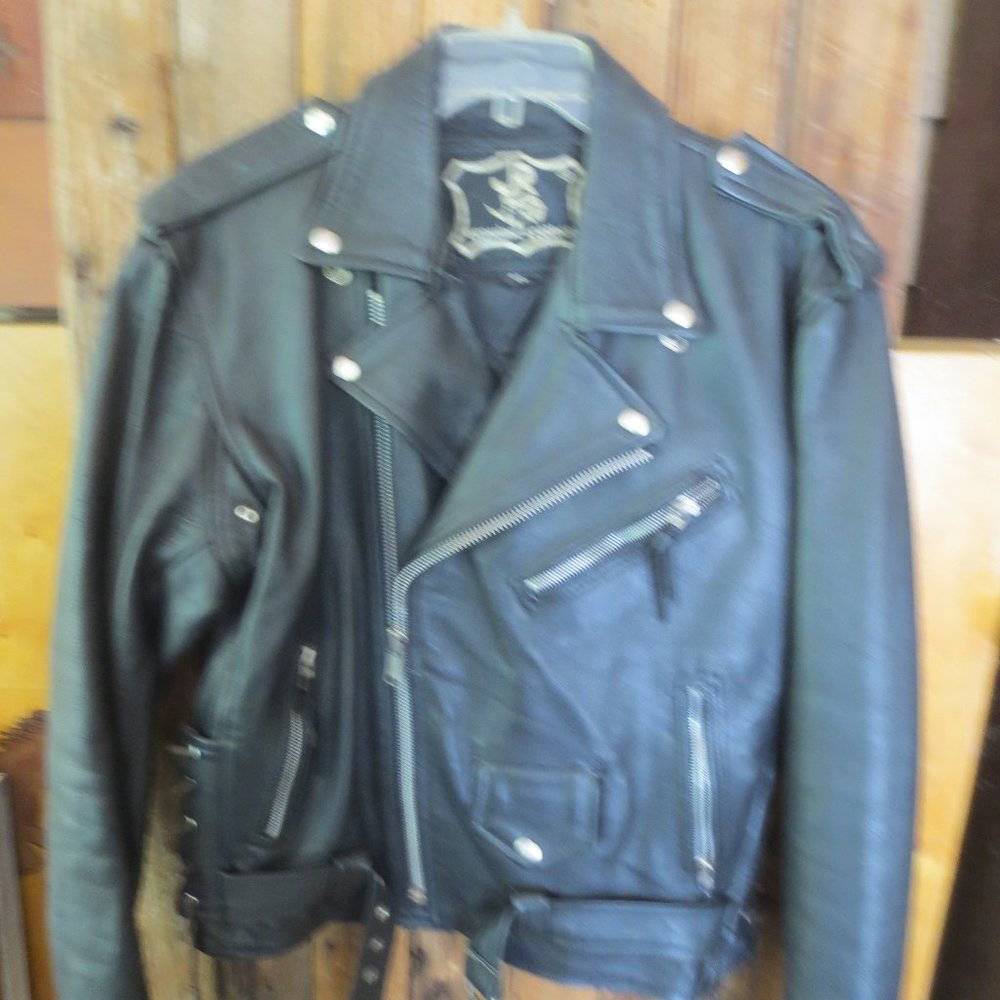 Heavy black leather motorcycle jacket